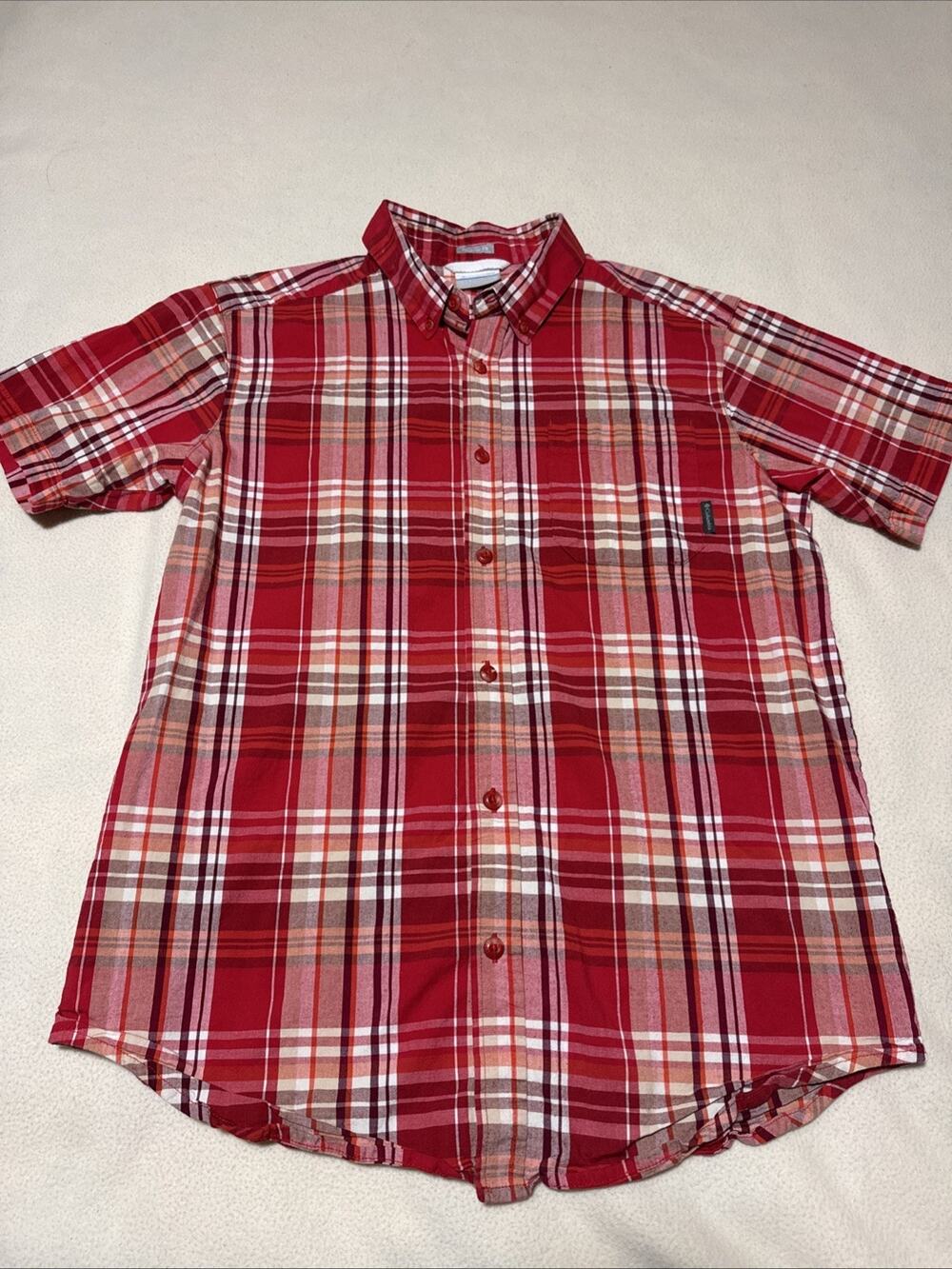 Columbia Men’s Red Plaid Button Down Shirt- Regular Fit Size Medium